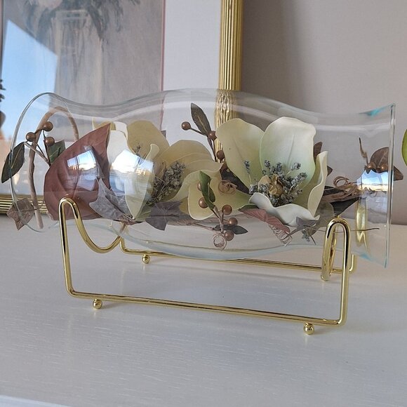 Other - Vintage Gold Tone ( Brass look) Hurricane glass vase Terrarium Faux Floral